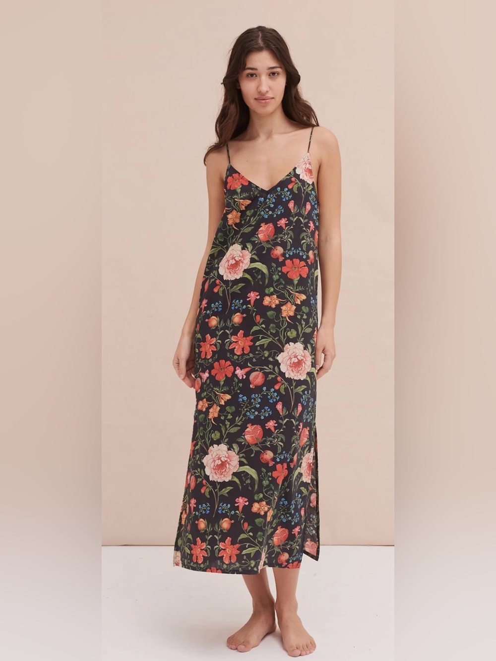 Desmond & Dempsey Persephone Floral Print Black Slip Nightie Size XL